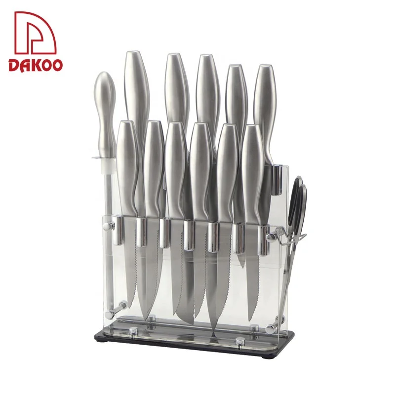 Acrylic Block Stainless Steel Thin Sharp 14Pcs Kitchen Knives