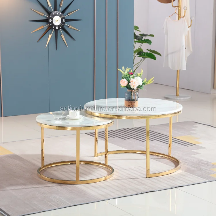 New Italian design wholesale modern gold stainless steel round glass or marble top coffee table side table for living room