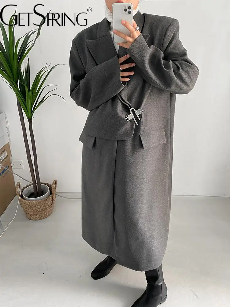 GetSpring Women Wool Coat Temperament Shoulder Padded Winter Woolen Jacket All Match Loose Long Overcoat Autumn Winter 2022 New