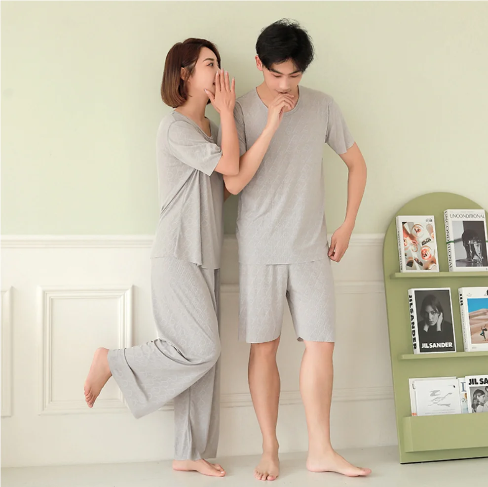 Домашняя одежда пара пижам комплект для мужчин и женщин подростков летние тонкие повседневные с коротким рукавом Большие размеры сплошной цвет оптовая продажа