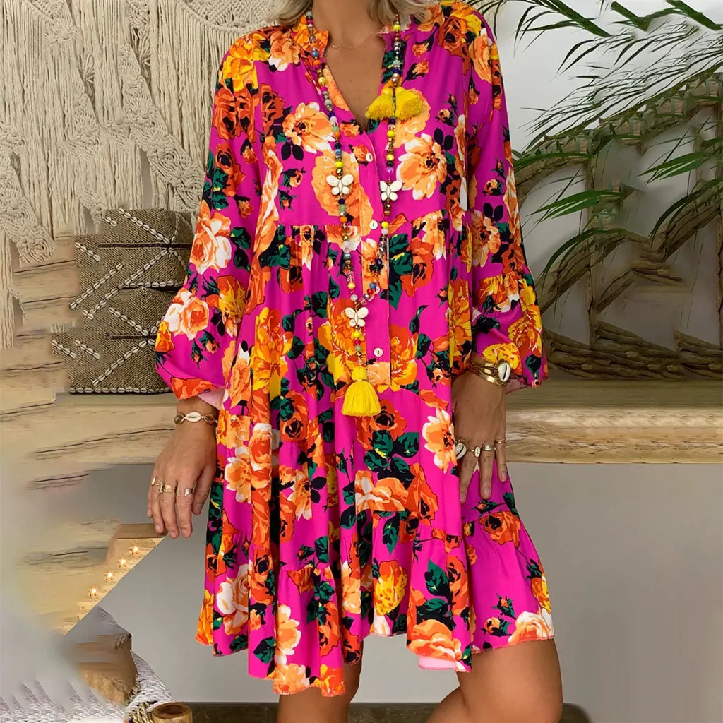 5XL Summer Boho Long Sleeve Maxi Shirts Dress Flower Floral Print Beach Dresses Loose Mini Party Tropical Tunic Dress Women