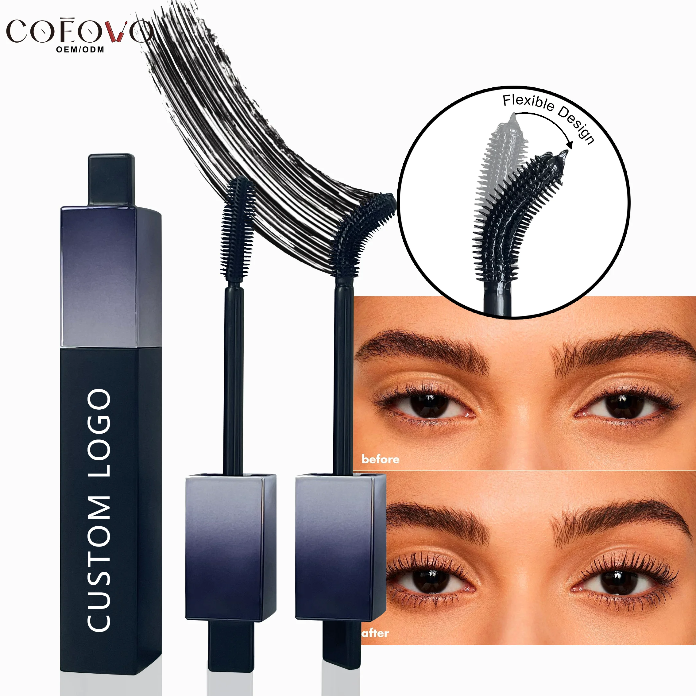 COEOVO Custom Logo Silicone Thick Slender Brush Long Lasting 3D 4D Waterproof Private Label Mascara