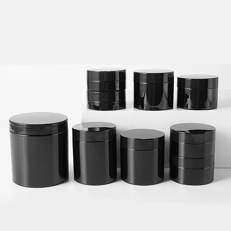 printed logo 50ml 8oz 250ml 100ml 300ml black jar pet 6 ozlow profile cosmetic container bottle and jars 200ml with black lids