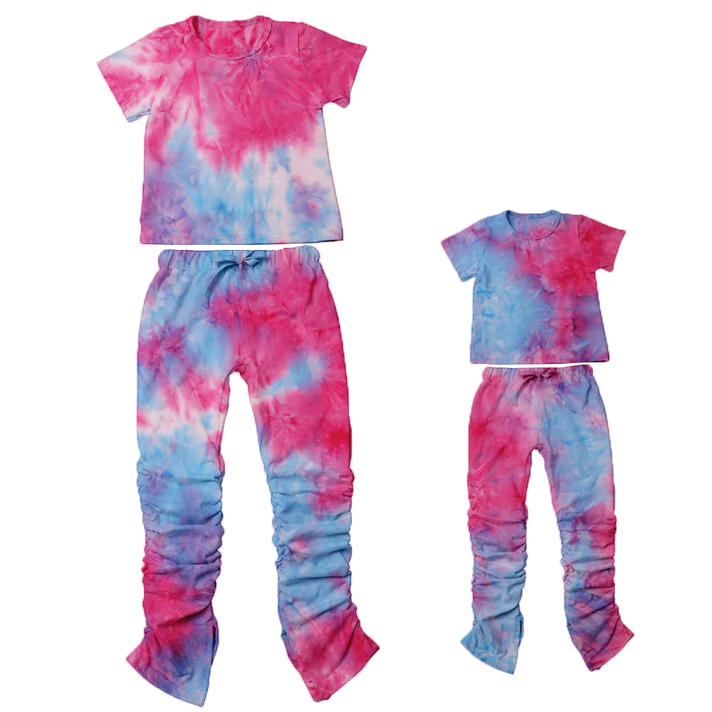 
2020 Hot Sale Fall Clothing for Women Tie Dye Baby Girls Sweatpants Set 2 pcs Kids Stacked Pants Mommy and Me Outfits 