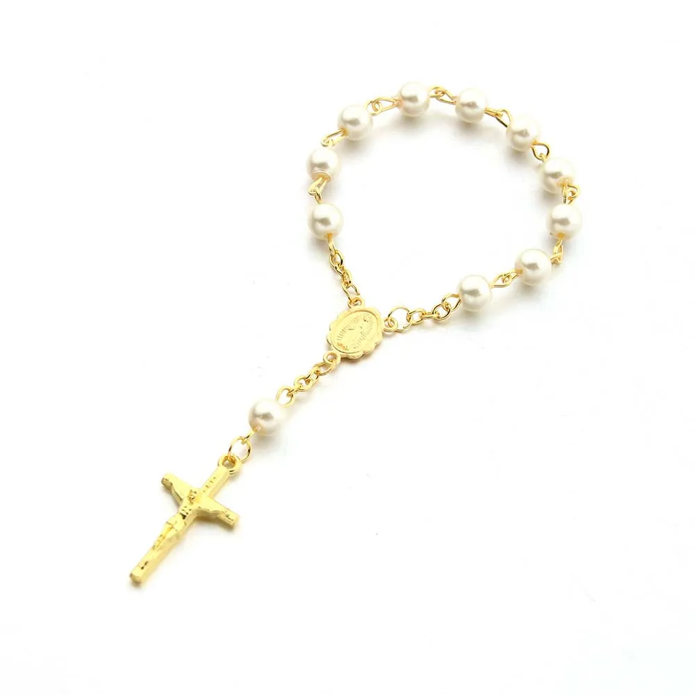 JOYFFO Mini Rosary Beads Love Cross Finger Chain Baby Glass Pearl Baptismal Communion Gift Fashion Bracelets & Bangles