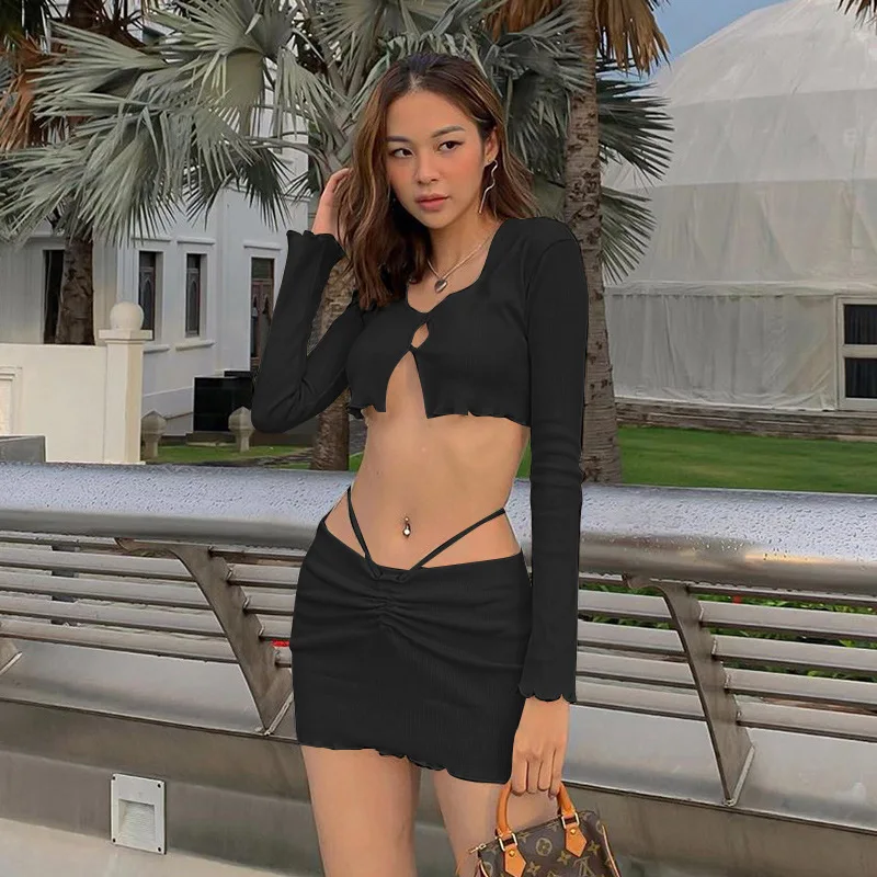 
Cardigan Back Cross Tie Top High Waist Thin Womens Dresses And Skirts Suits 