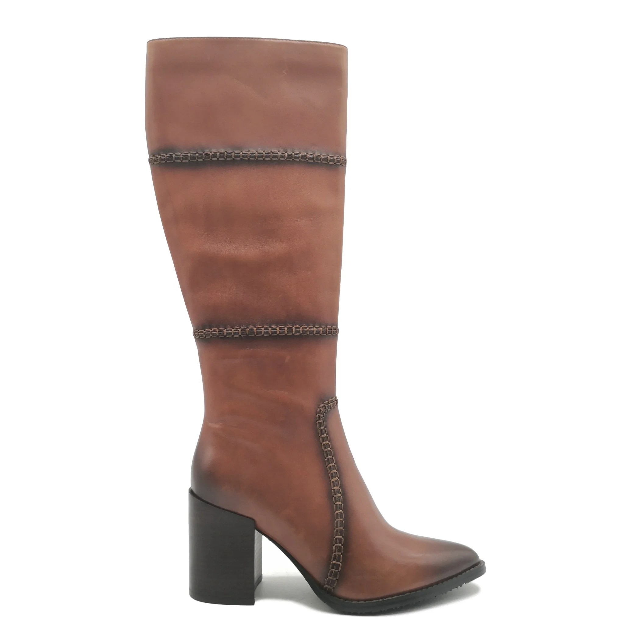 
Luxury Patchwork Mark Stitching High Quality Fashion Pointed Toe Ladies Genuine Leather High Boot Women Block Heels Shoes 