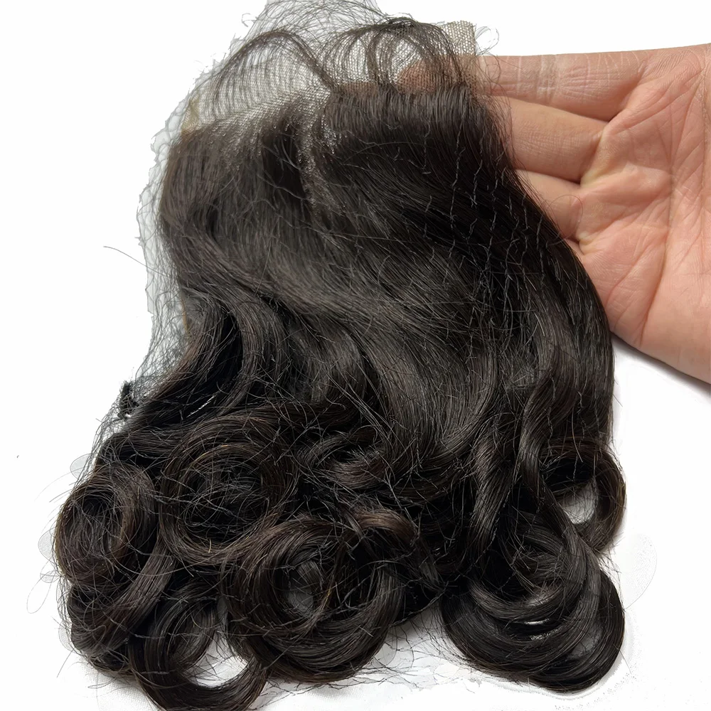 Brazilian Virgin Remy Human Hair 4*4 Silk Base Swiss Lace Closure Korean Manual Crocheting Natural Black Curl Wave Double 5x5