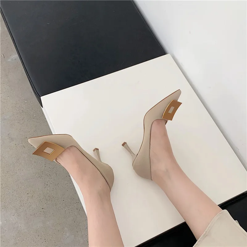 35-39# 2022 Spring New Arrivals luxury designer high heel shoes Office lady Metal square Pumps high quality Women Dress shoes