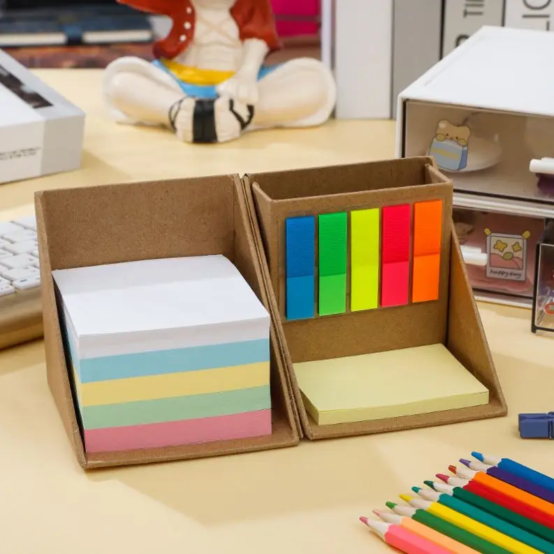 Custom Multicolor Foldable Sticky Note Memo Set Cube in Kraft Paper Cube Memo Pad Box Pen Holder with Post and Pads Office