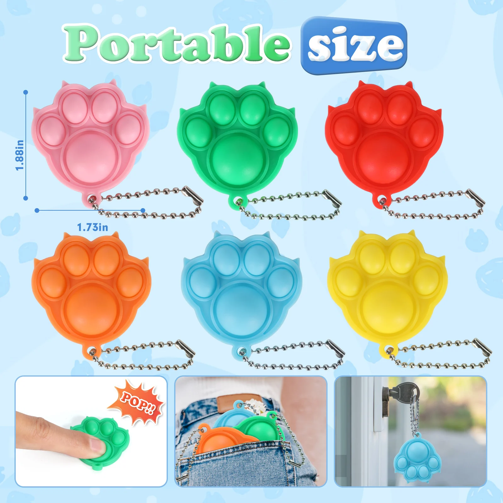 30 PCS Pop Fidget It Keyrings, Mini Silicone Cat Claw Design Pop Sensory Toys, Birthday Class Gifts Party favour for Girls Boys