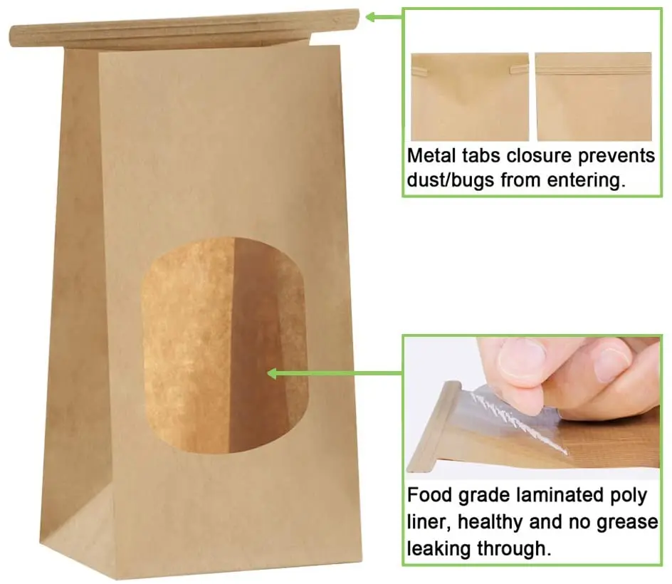 Transparent Window Design tin tie coffee bag classic Grease Proof Sturdy Bakery resealable food bag paper