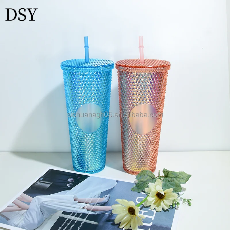 Dashuya Wholesale 24oz Double-Layer Material Studded Tumbler with Straw Use for Coffee Cup