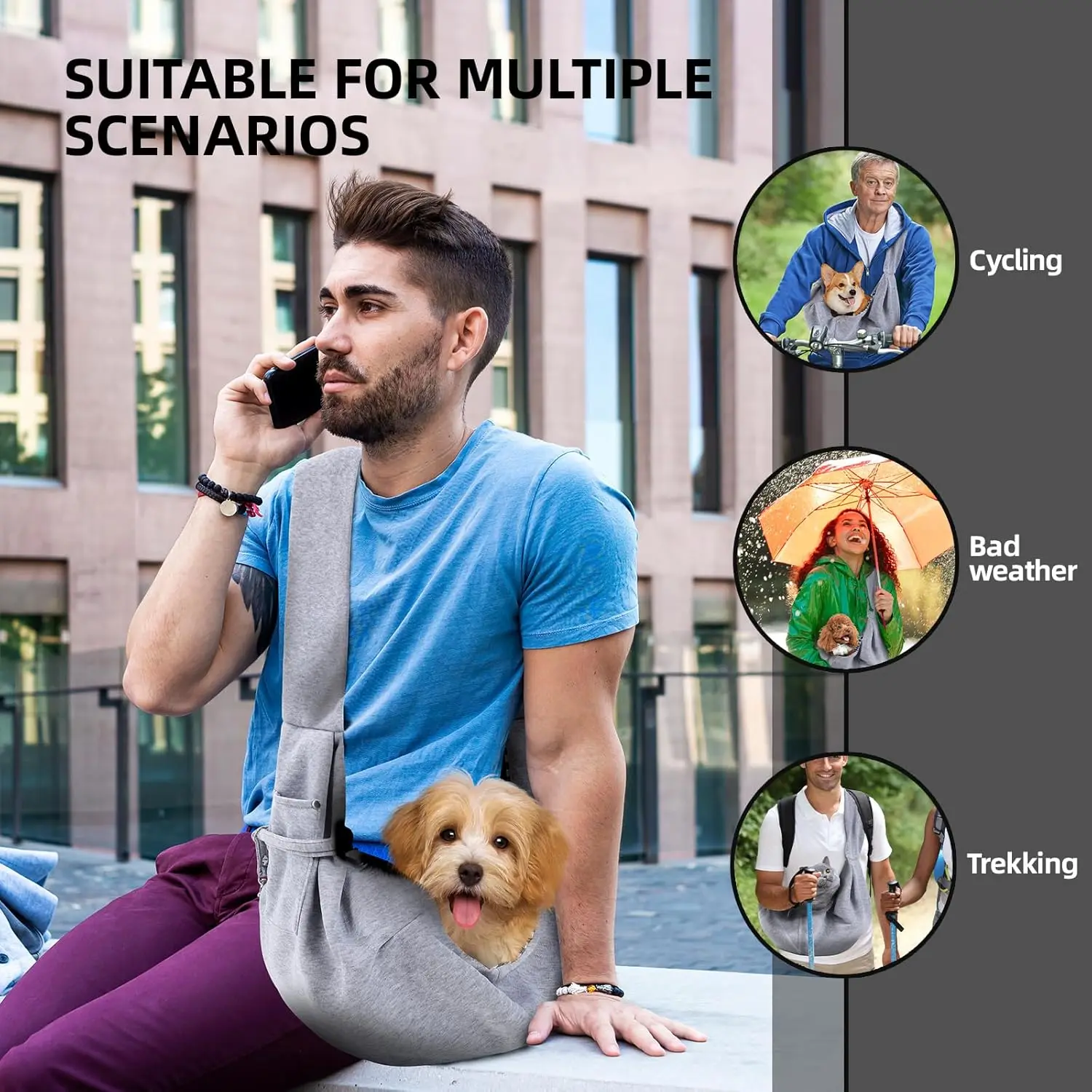 Reversible Puppy Carrier Purse with Storage Pocket, Hand-Free Dog Sling Carrier for Carry Dogs and CatsTravel Safety Harness