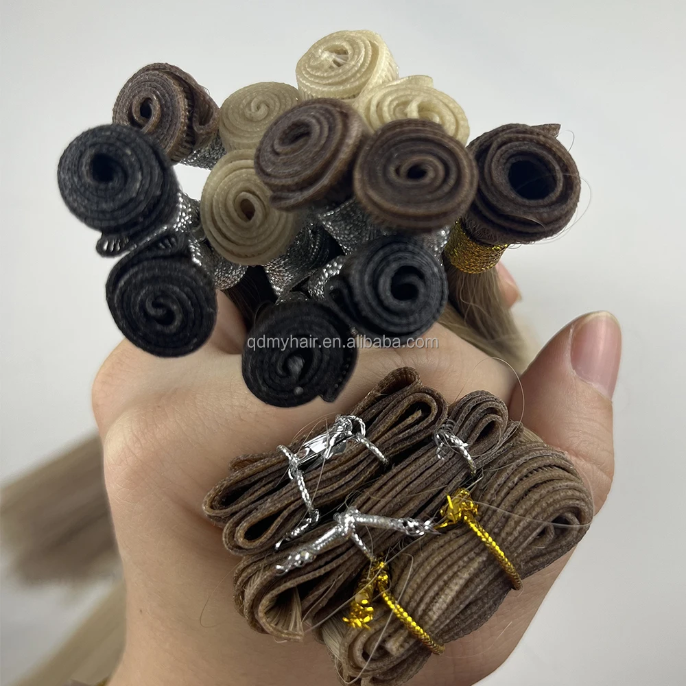 Double Drawn 12a Grade Virgin Human Hair Russian Genius Weft Hand Tied Curly Weft Seamless Genius Extensions