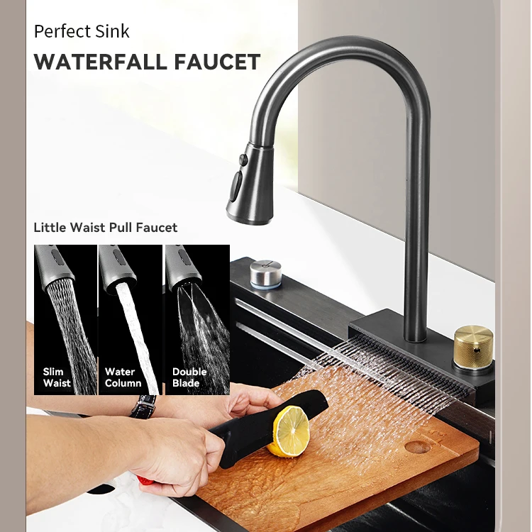 Modern Stainless Steel Black Waterfall Apron Farmhouse Sinks Countertop Dish Storage Drying Rack Mixer faucet Nano Kitchen Sink