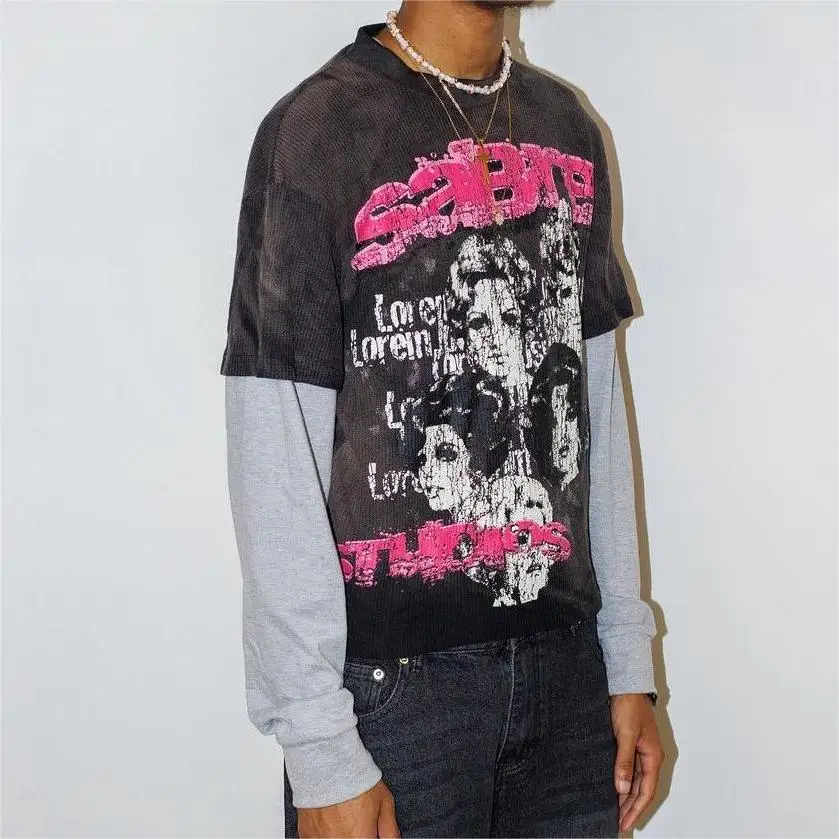 Custom Crew Neck Dtg 100% Cotton Long Sleeve T-shirt Two Piece Screen Print waffle Double Layered Long Sleeve T-shirt