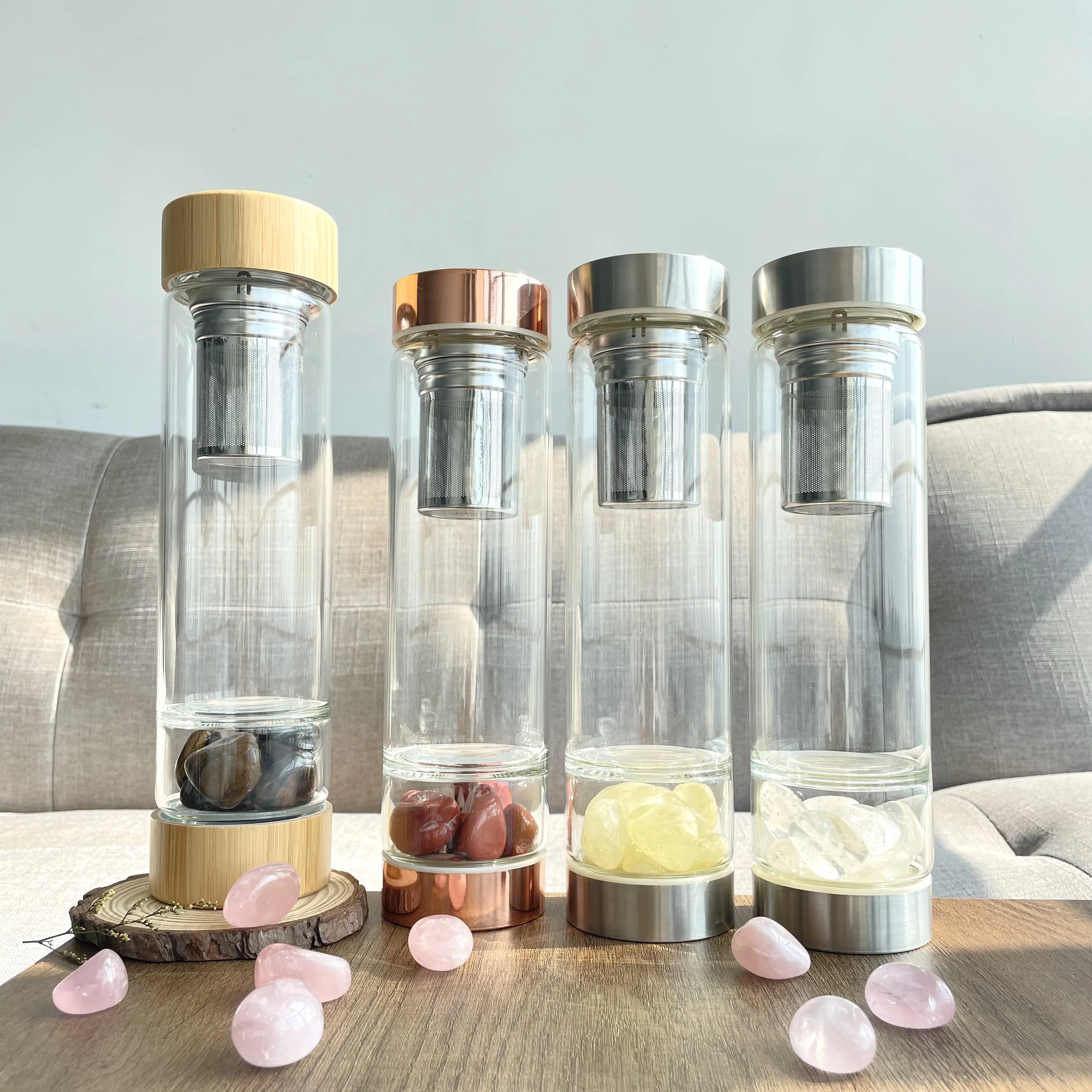 Wholesale Sample Natural Quartz Gravel Healing Energy Infused Glass Drinking Crystal Stone Water Bottle