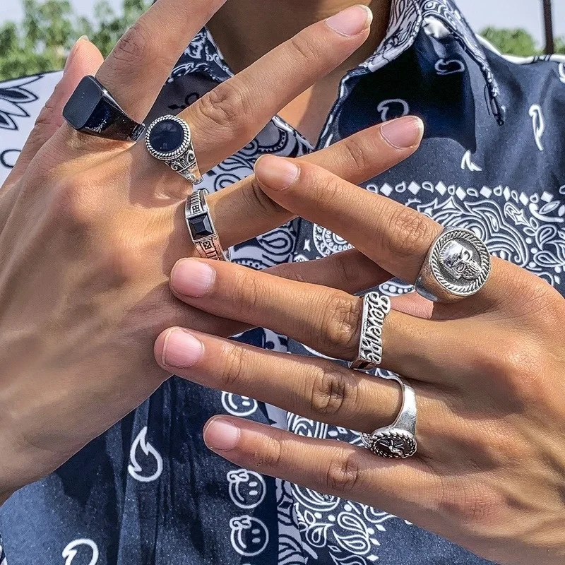 Geometric Crystal Ring for Men Gothic Punk Vintage Skull Skeleton Snake Butterfly Angel Rings Set Jewelry Party Gifts