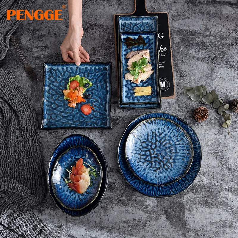 Wholesale luxury new products, blue relief plates, modern design ceramic kiln turned ceramic tableware