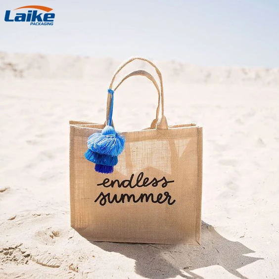 Custom logo heat transfer hemp promotional waterproof   linen wedding gift grocery shopping beach jute burlap tote bag