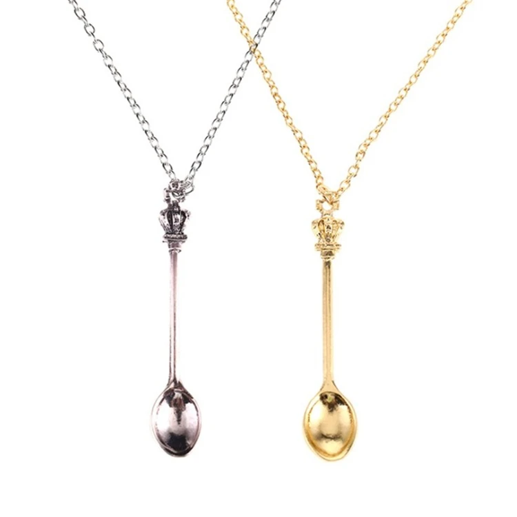 Wholesale Fashion Crown Mini Classical Gold Silver Plated Electroplating Alloy Lady Tea Spoon Necklace