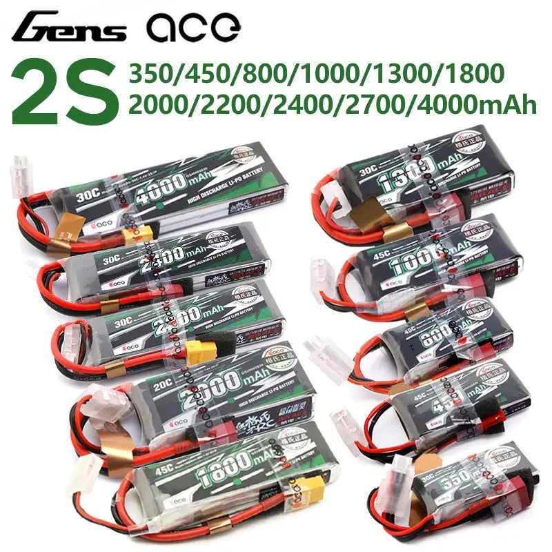 Gens ACE Lipo Battery 2S 7.4V 800mAh 1000mAh 1300mAh 1800mAh 2200mAh 2400mAh 2700mAh 4000mAh 30C 45C with T/XT60 Plug