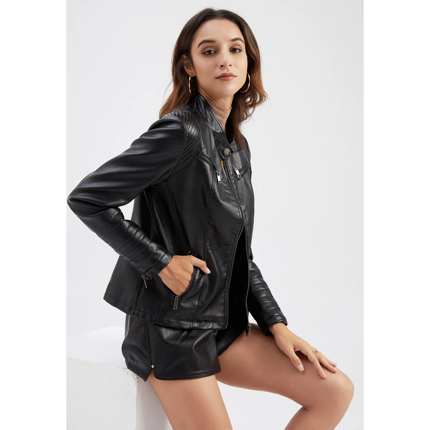 YUNNES Latest Fall 2023 Women Clothes Street Wear Motorcycle Faux Leather Jacket for Women