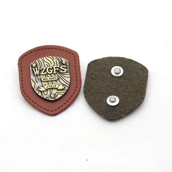 lot black/brown PU felt leather sew on patches with black/bronze metal plates clothing label for jeans/jacket PLB-009