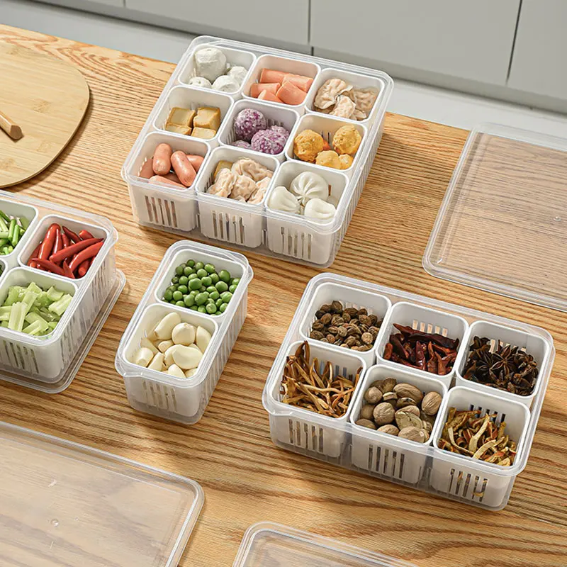 2-9 Divided Storage Boxes for Fridge, Multifunction Fridge Plastic Storage Preservation Box with Draining Baskets