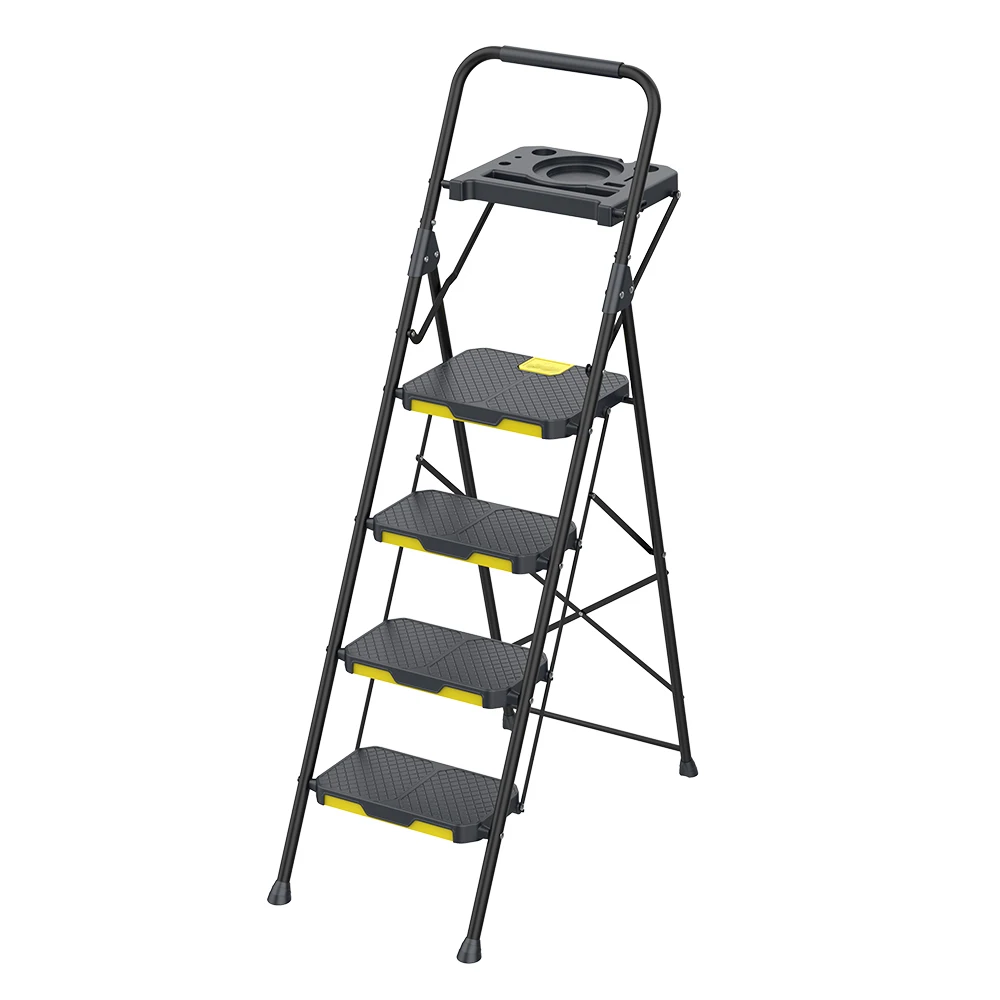 New design 800LB american Market Extra Wide heavy duty Round-Tubed Steel Ladder with Durable Plastic Step