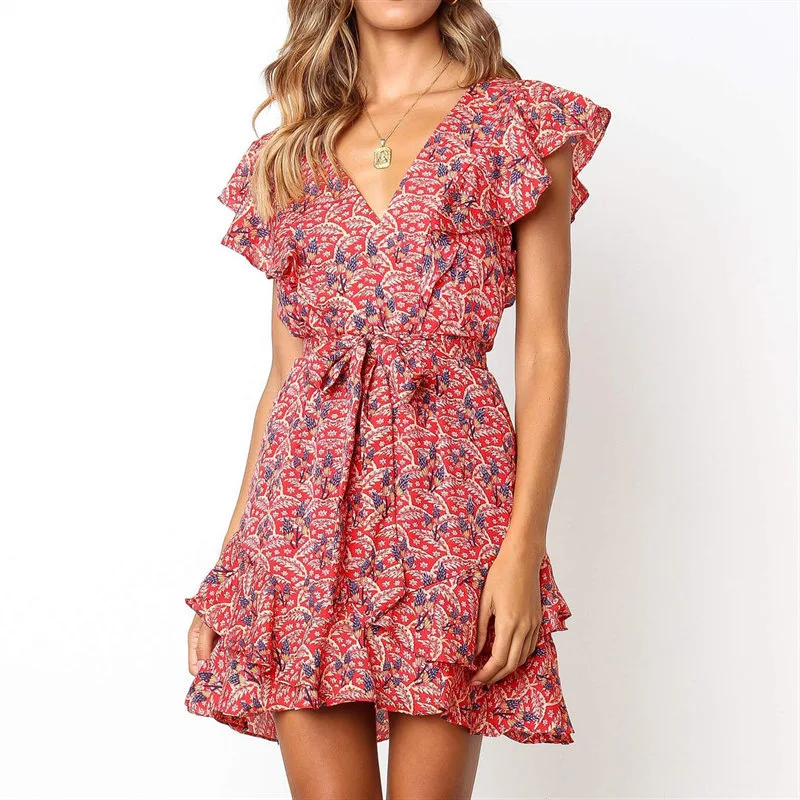 
Womens Sexy Casual Summer Butterfly V Neck Sleeve Red Floral Dress 