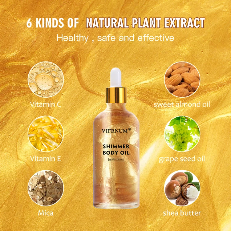 private label vitamin E vitmain C face and body bronze silvery gold glow oil shea butter sweet almond shimmer glitter body oil