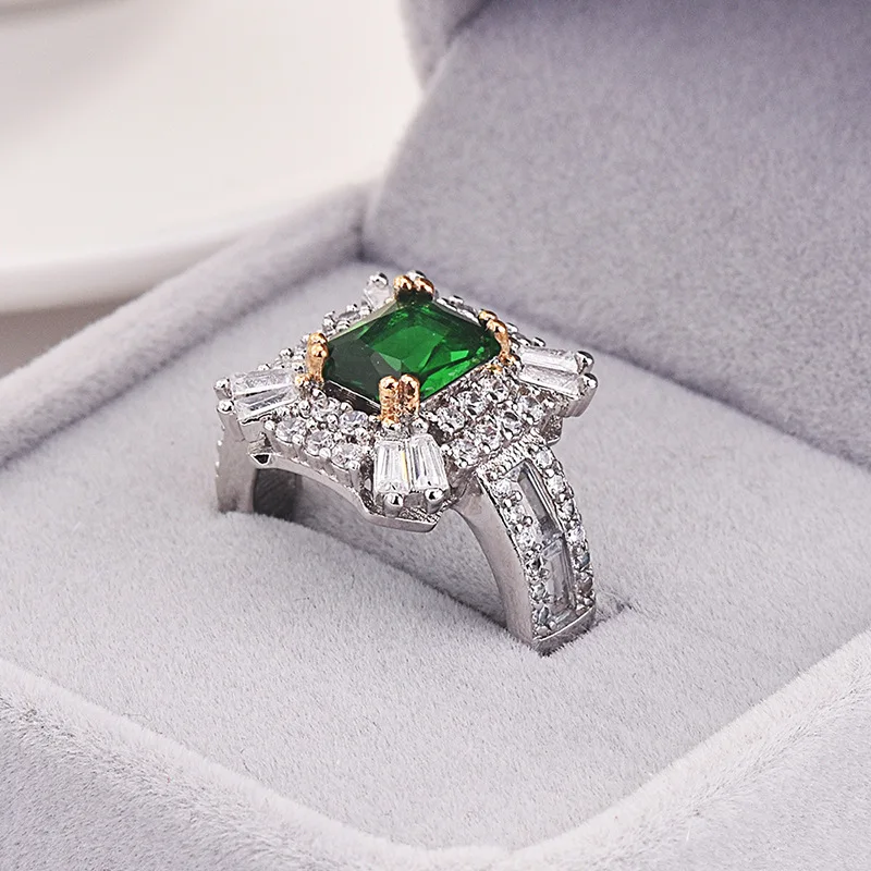 Hot selling emerald zircon square princess ring European and American micro  studded diamond engagement ring