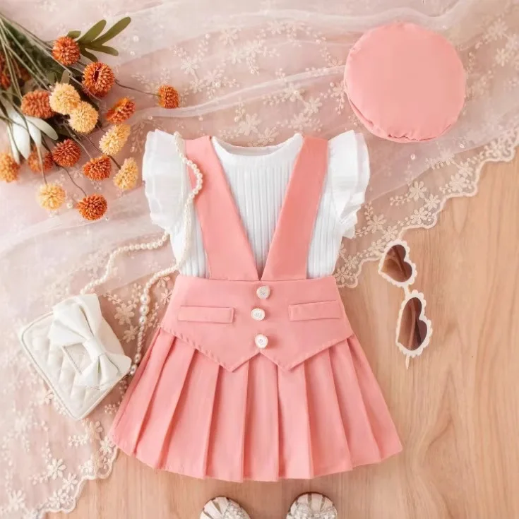 New style girls pit stripe solid color small flying sleeve vest top pleated suspender skirt hat suit