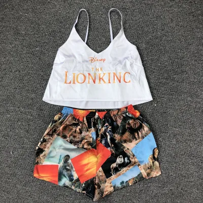 Cartoon Pajamas Camisole Two- piece Set Tank Top  Woman Silk Sexy Girls Sleepwear Satin Home Suit Summer  V Neck Woman