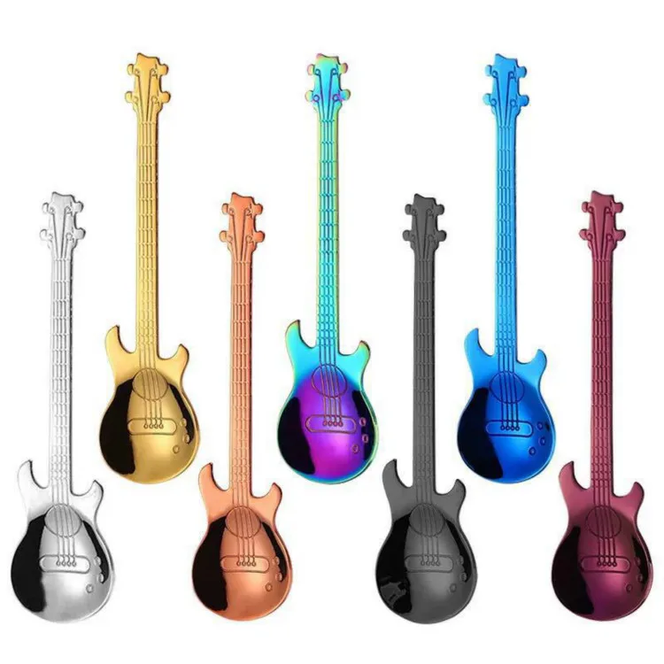 
Creative colourful metal guitar spoon 304 stainless steel tea coffee stirring ice cream spoon 