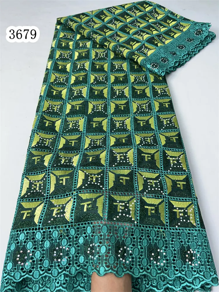 3679 African Lace Fabric 2024 Latest Designs With Many Crystal Swiss Voile Austria Cotton Lace For Nigeria Dubai Senegal Women