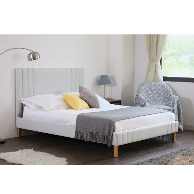 Factory custom queen size bedroom furniture cream-white vertical stripe linen soft bed frame fabric bed