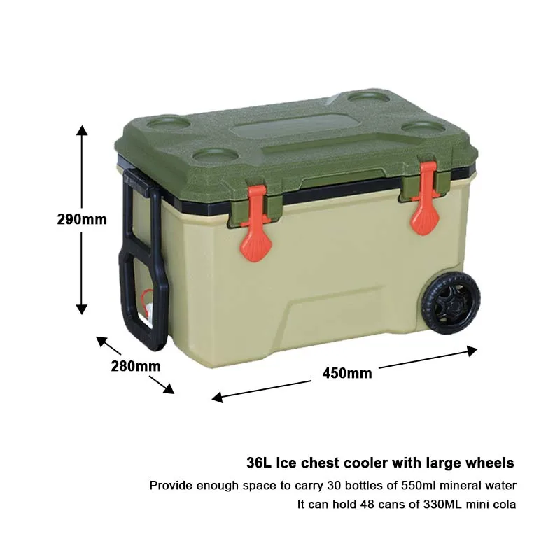New Arrival High Quality Ice Food Fruit Fish Boxes PU Foam Thermal Insulated Waterproof 36L Ice Chest Cooler  Box with wheels