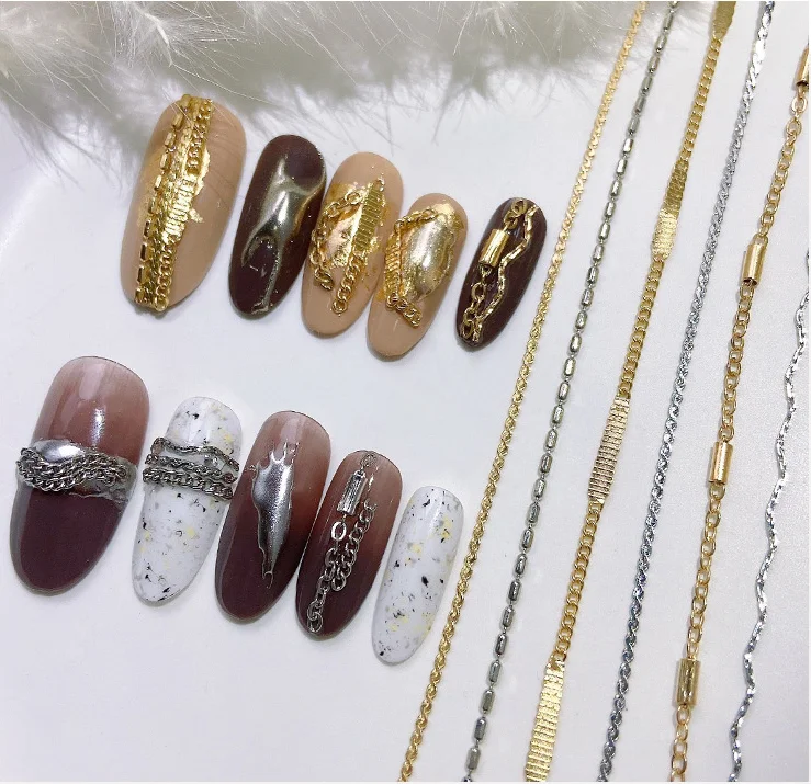 2022 Hotsale 3d Nail Charms Luxury Gold Silver Retro And Chic Metal Chain Nail Art Decoration Nail Accessories