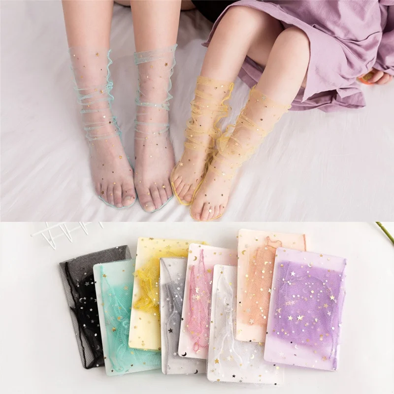 
2020 Summer Explosion women Sheer Socks with Star Thin silk Transparent Socks 