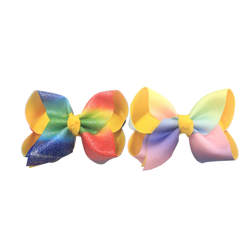 Large size handmade rainbow colors hair bows sequin leather ribbon  with alligator hair clip