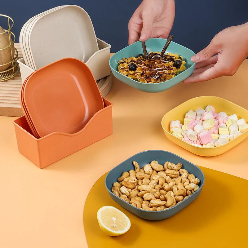 Dishwasher Safe 5PCS Cheap Bulk Reusable Dinner Plates Set Unbreakable Wheat Straw Plates with Storage Box