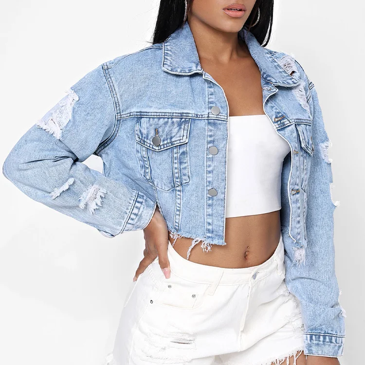 Women vintage denim jacket worn distressed stain ripped frayed hem crop hole denim jackets for ladies