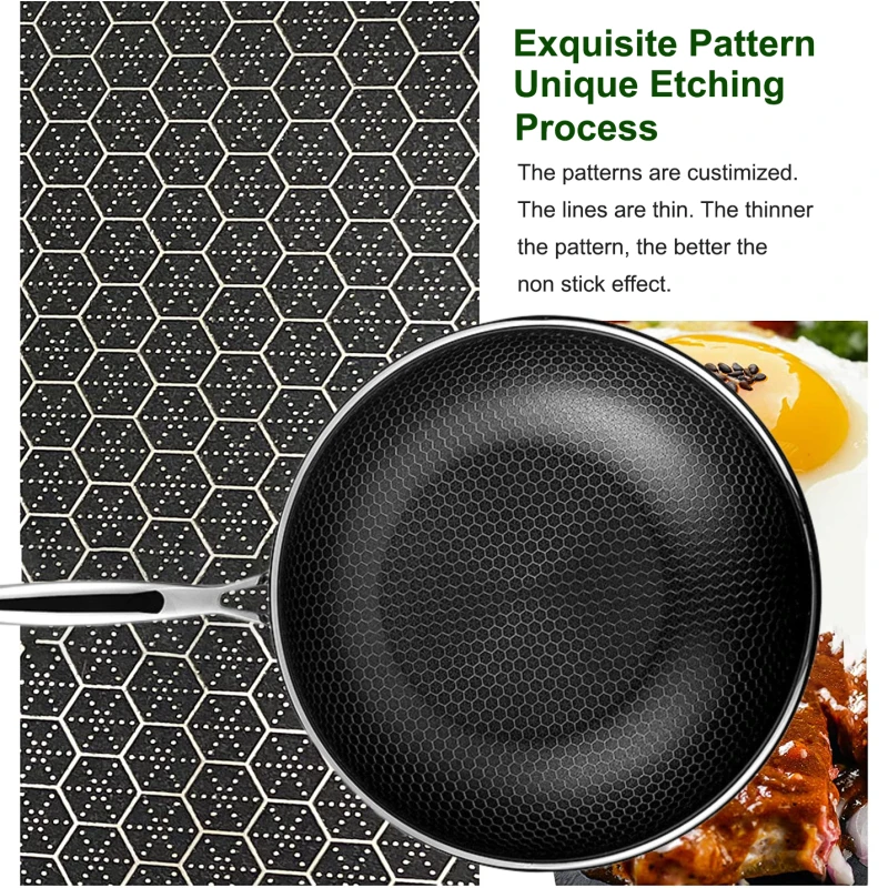 Manufacturer 34cm Wok Pan Chinese Induction Gas Nonstick Cookware Stainless Steel Kitchen Frying Pan Honeycomb Large Cooking Wok