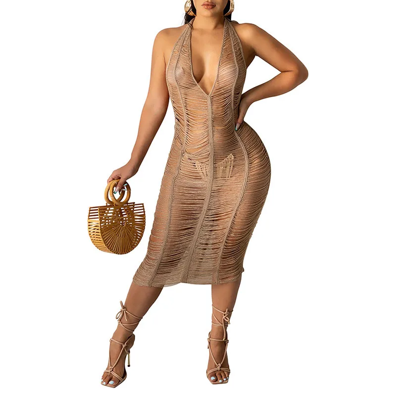 2021 Summer See Through Knit Crochet Dress Halter Plus Size Swimwear Bathing Suit Swimsuit Beach Wear Dress Cover Up