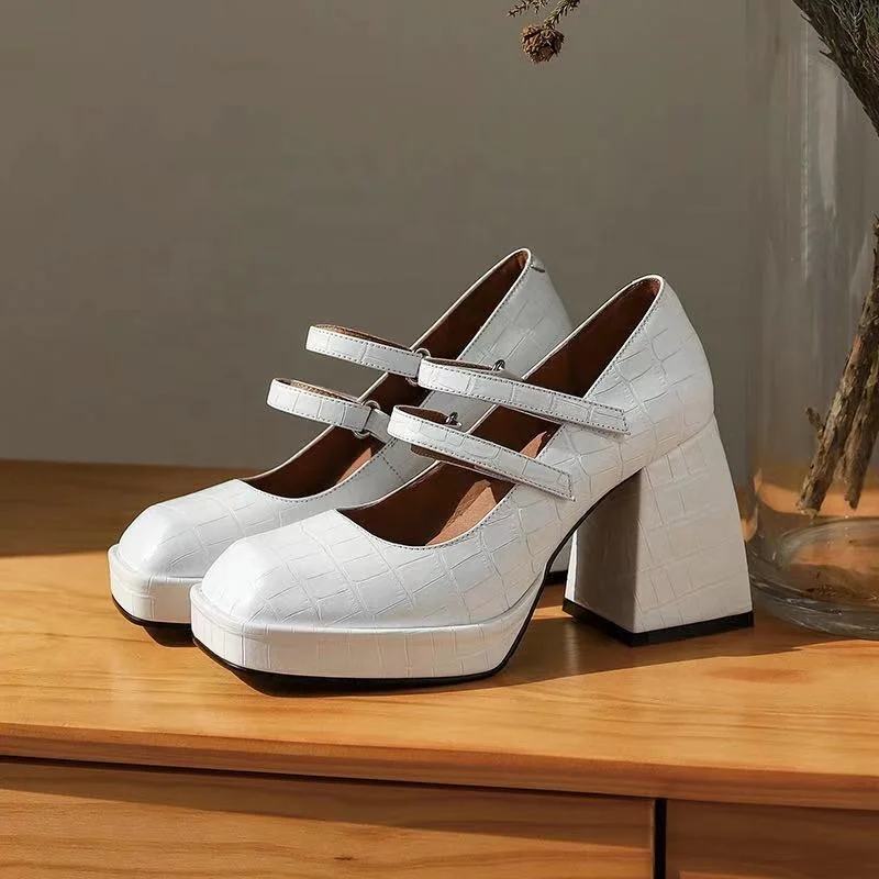 
Faux Leather Ankle Strap Platform Block Hell Pumps Shoes for Chic Ladies 