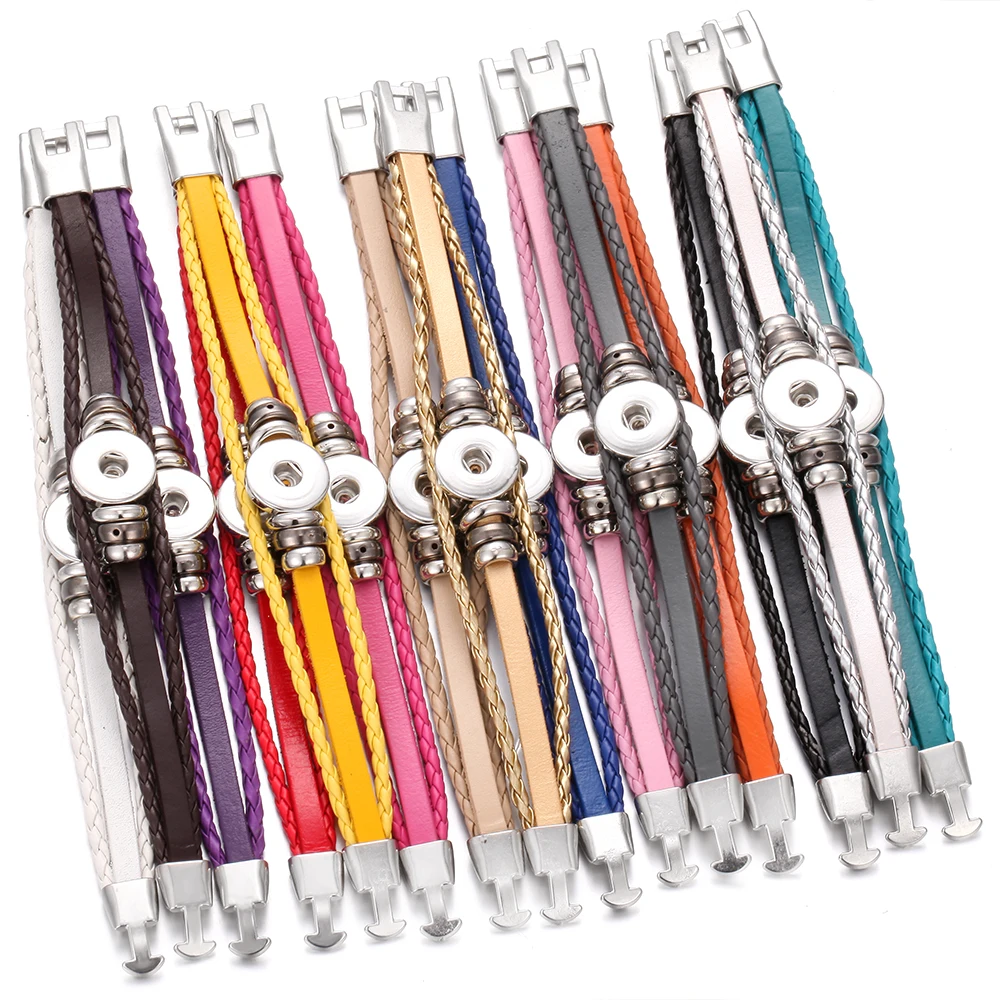 Wholesale Leather 18MM Snap Button Bracelet Retro Handmade Braided Leather Snap Bracelet Friendship  Jewelry Bracelets Bangles
