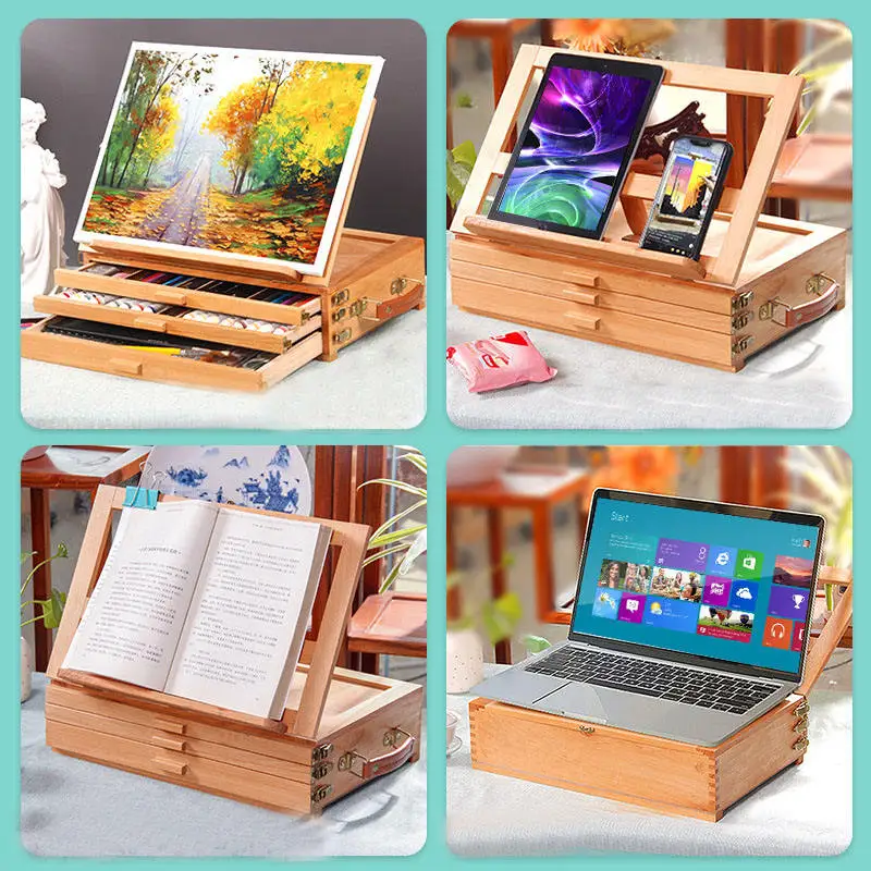 Panwenbo Art Supply Adjustable Wooden 3-Drawer Storage Box Easel Premium Beechwood Portable Wood Artist Desktop Easel